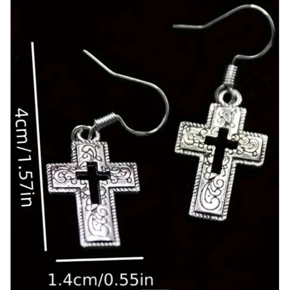 Cross Dangle Earrings Elegant Intricate Design Hypoallergenic Hooks‎ NEW